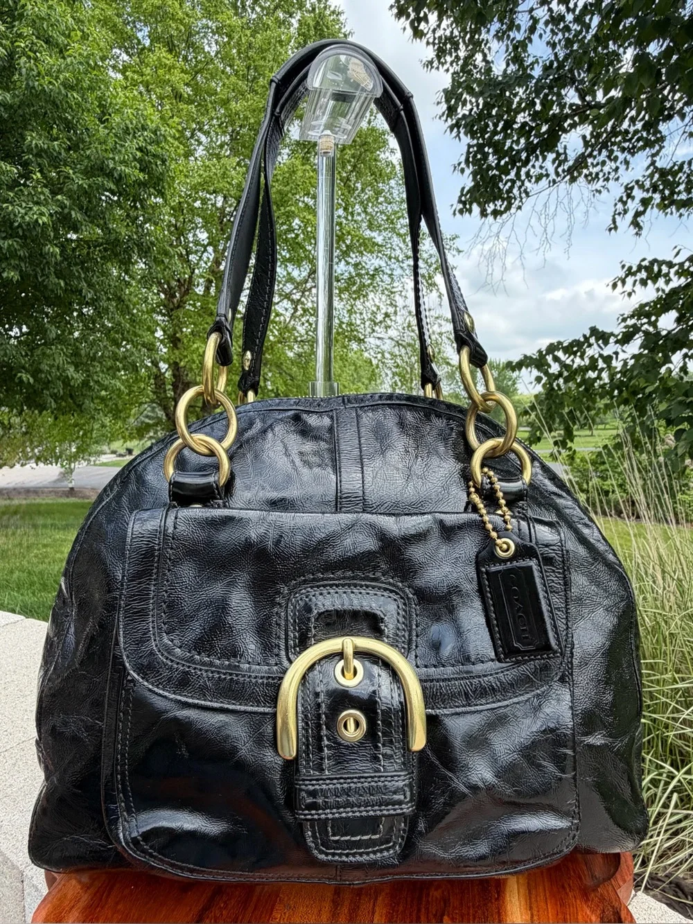 Coach Soho Courtney Domed Satchel Black Crinkled Patent Leather